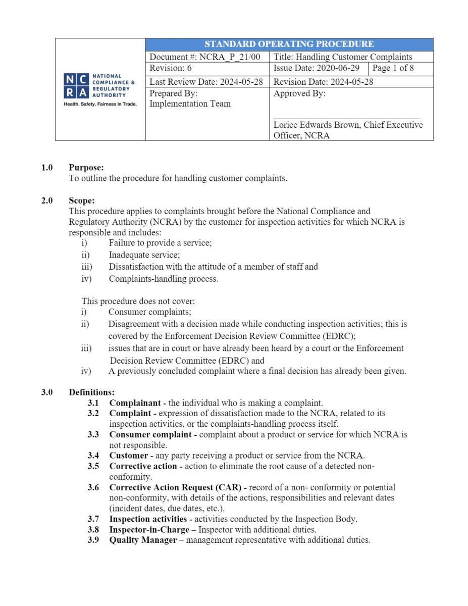 Handling customer complaints procedure national compliance and